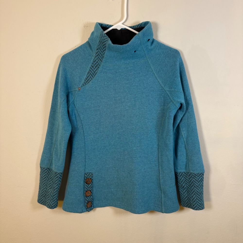 Prana Mattea Teal Blue Wool Blend Chevron Funnel Neck Sweater Womens Small